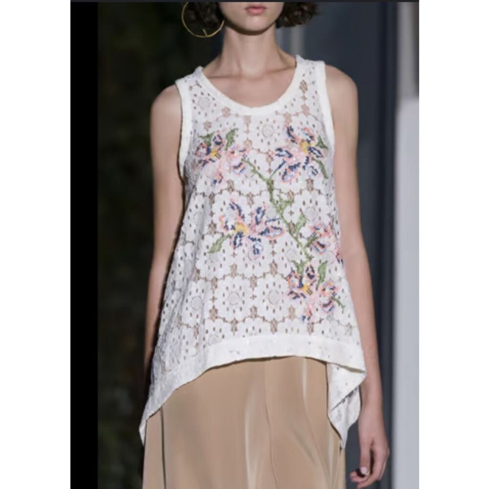 Pascal Millet Womens Lace Embroidered Cross Stitch Tank Top White Floral Sequin